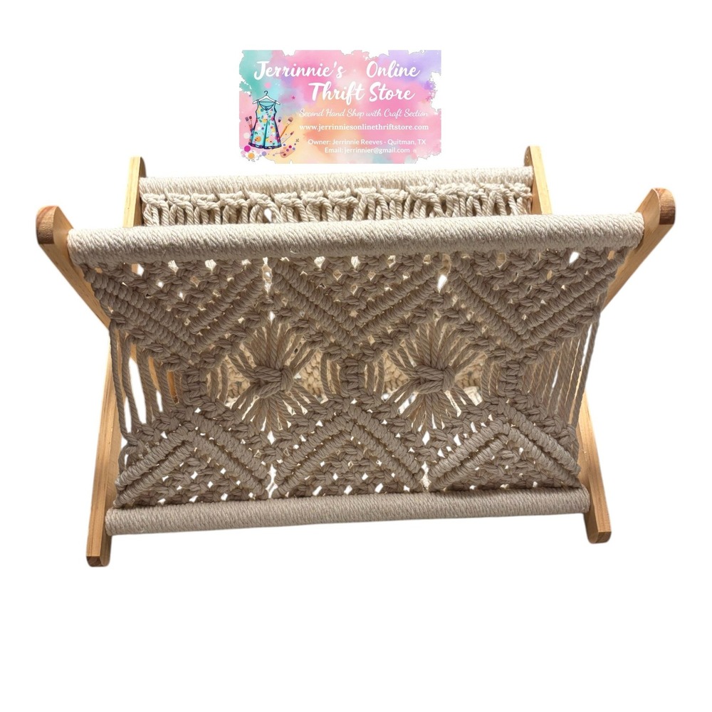 Boho Macrame Magazine Rack and Round Wall Mirror Set Cream Cotton Wood Frame - Picture 2 of 7